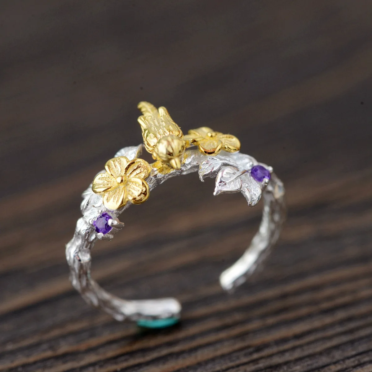 

S925 silver simple personality bird shape exquisite color unique ring