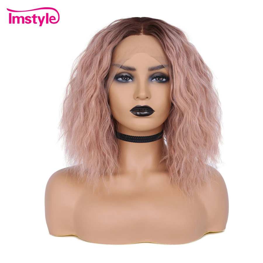 Imstyle, парики на кружеве, кудрявый короткий Боб, розовые парики для женщин, парик на шнурке, синтетические волосы, жаропрочное волокно, цвет Омбре, парик для косплея
