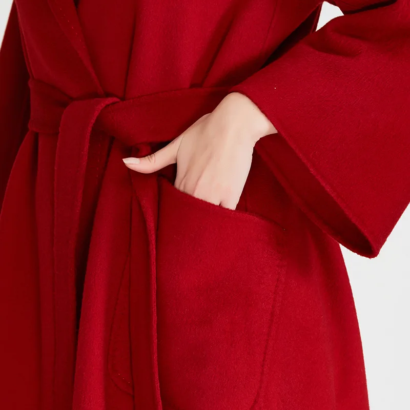 VOA классический красный халат с поясом длинное шерстяное кашемировое пальто