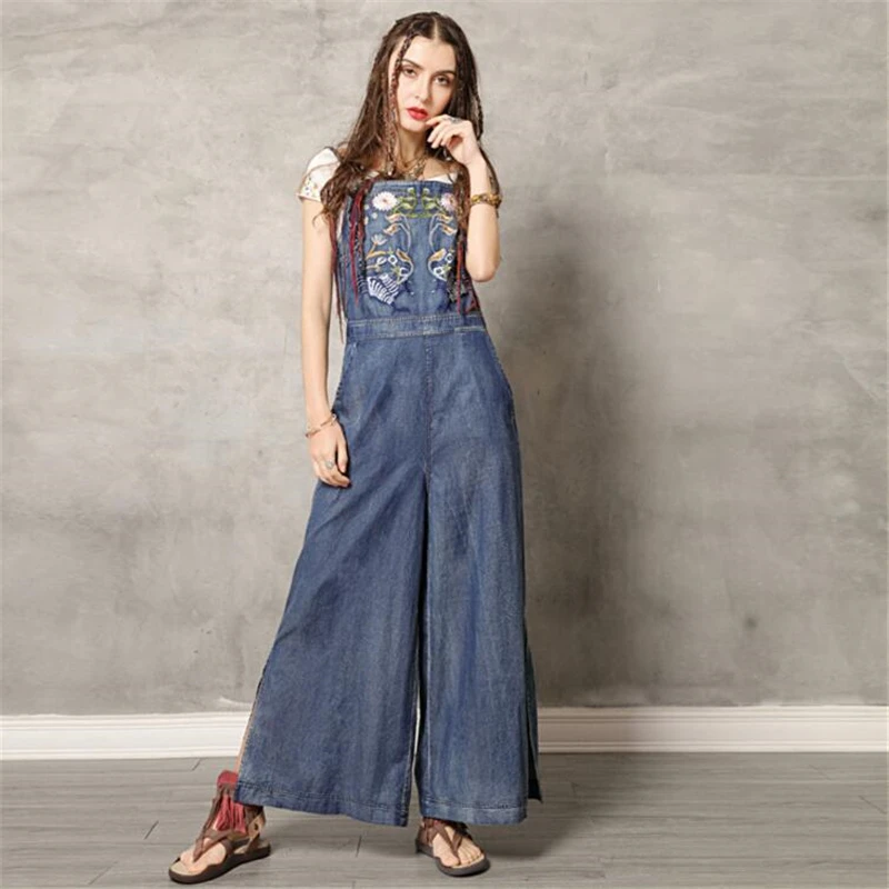 

Plus Size S-3XL Vintage Flower embroidery leisure Cotton Rompers Womens Jumpsuits Female Backless Summer Sling denim jumpsuit