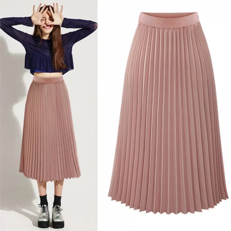 Pink Pleated Skirt Women High Waist Midi Chiffon A line Chic Elegant Quality Winter Autumn YYW-8889 | Женская одежда