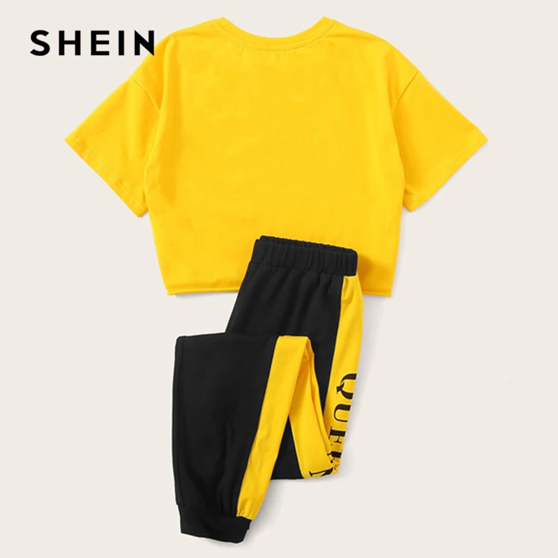 SHEIN/Детская футболка с буквенным принтом для девочек и спортивные штаны с контрастными боковыми вставками, повседневный комплект для детей, г. Летняя одежда для активного отдыха костюм с короткими рукавами, комплекты