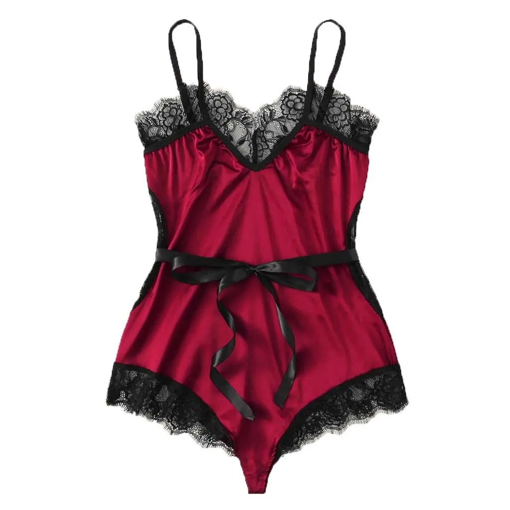 Lace Sleepwear Bodysuit Sexy V collar Eyelash Stain Silk Babydoll Women Jumpsuit Pajamas Lingerie Underwear Nuisette |