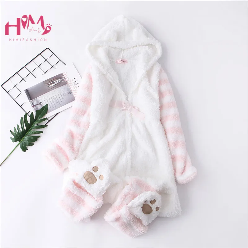 Японская зимняя женская пижама комбинезон Kawaii Cat Lovely Ear с длинным рукавом розовый
