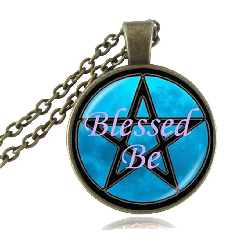 Glass Cabochon Necklace Blessesd Be Quote Jewelry Pentagram Pentacle Five Point Star Sweater Wicca | Украшения и аксессуары