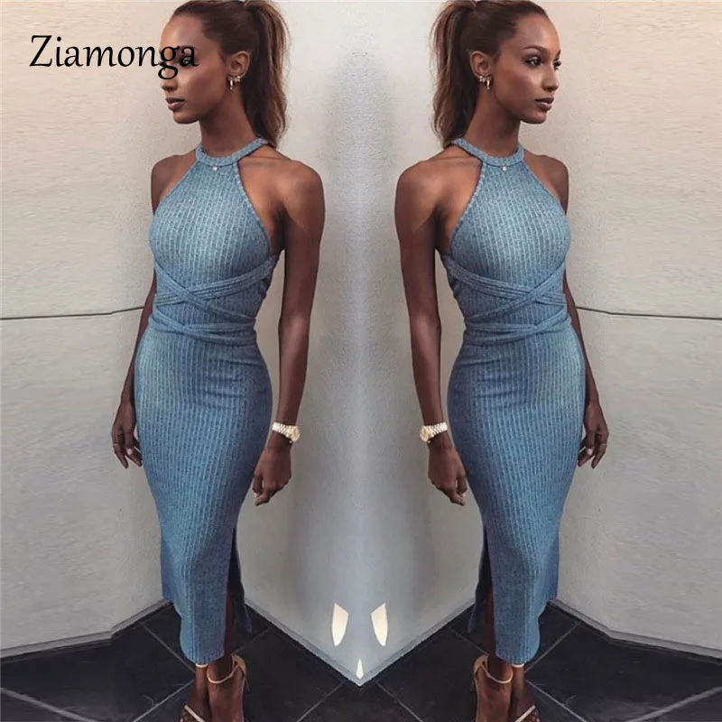 Ziamonga 2017 летнее стильное трикотажное платье для женщин с лямкой на шее открытой