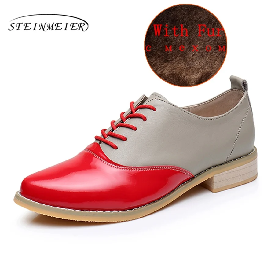red grey with fur Повседневные дизайнерские винтажные женские туфли на плоской подошве из натуральной коровьей кожи; женские туфли-оксфорды ручной работы с мехом; цвет красный, синий, желтый, коричневый - Color: red grey with fur