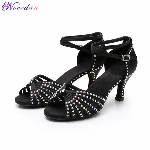 Black High Back 7cm Пикантные Профессиональный Туфли для латинских танцев Для женщин Стразы Сальса атласные бальные сандалии женские вечерние танцевальные туфли на каблуке высотой 7 см - Цвет: Black High Back 7cm