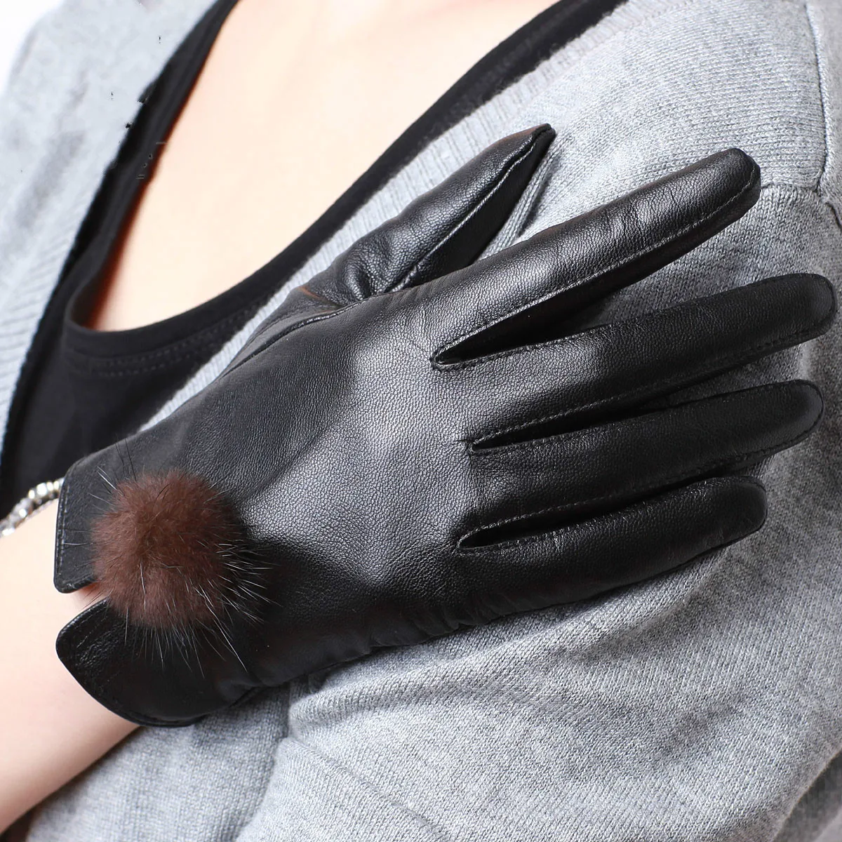 Модные зимние женские черные коричневые перчатки из натуральной кожи овчины
