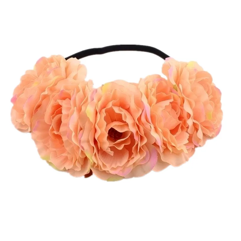 Оранжевый Bohemia Big Lilies Floral Crown Party Wedding Hair Wreaths Hair Bands Holiday Flower Headband with Adjustable Elastic Ribbon - Цвет: Оранжевый