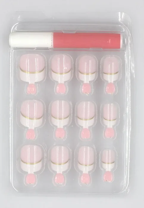 12 шт./компл. с 2g клей короткий предварительно дизайн розовый цвет полное покрытие искусственные акриловые ногти с французскими наконечниками# FN12-14