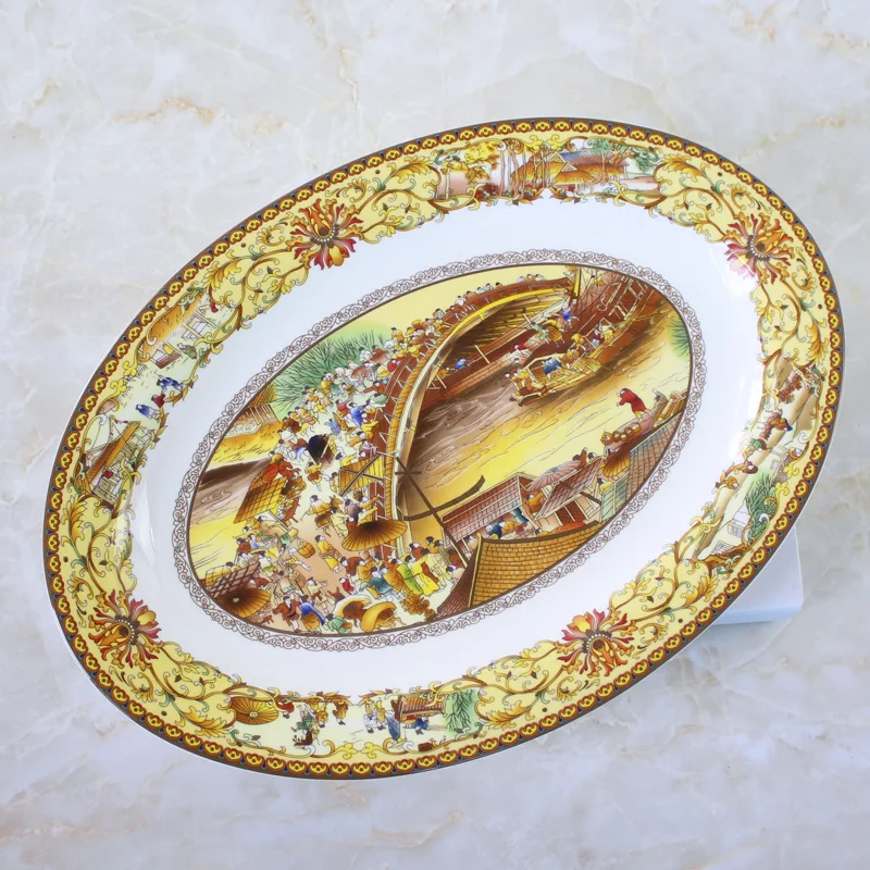 DIY bowl dishes soup pan fish flat plate Hotel porcelain Jingdezhen glaze pastel Qingming River Map | Дом и сад