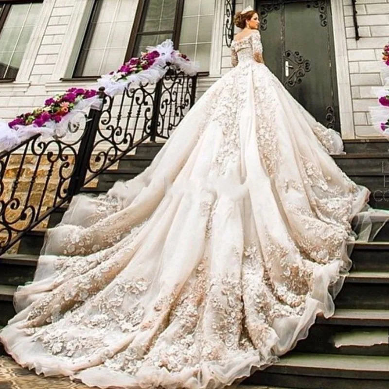 Новые свадебные платья роскошный соборный Королевский Шлейф Кружева Vestido De Noiva аппликации с длинным рукавом высокое качество свадебные платья