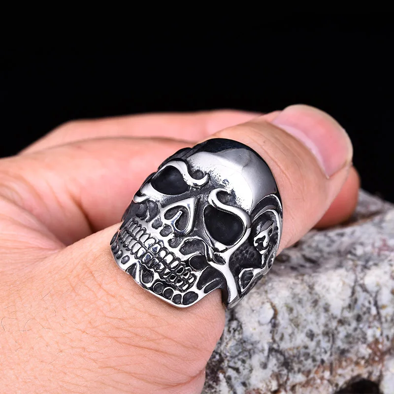 316L Нержавеющая сталь Готический Панк Серебряный Резьба тяжелых Skull Ring Байкер