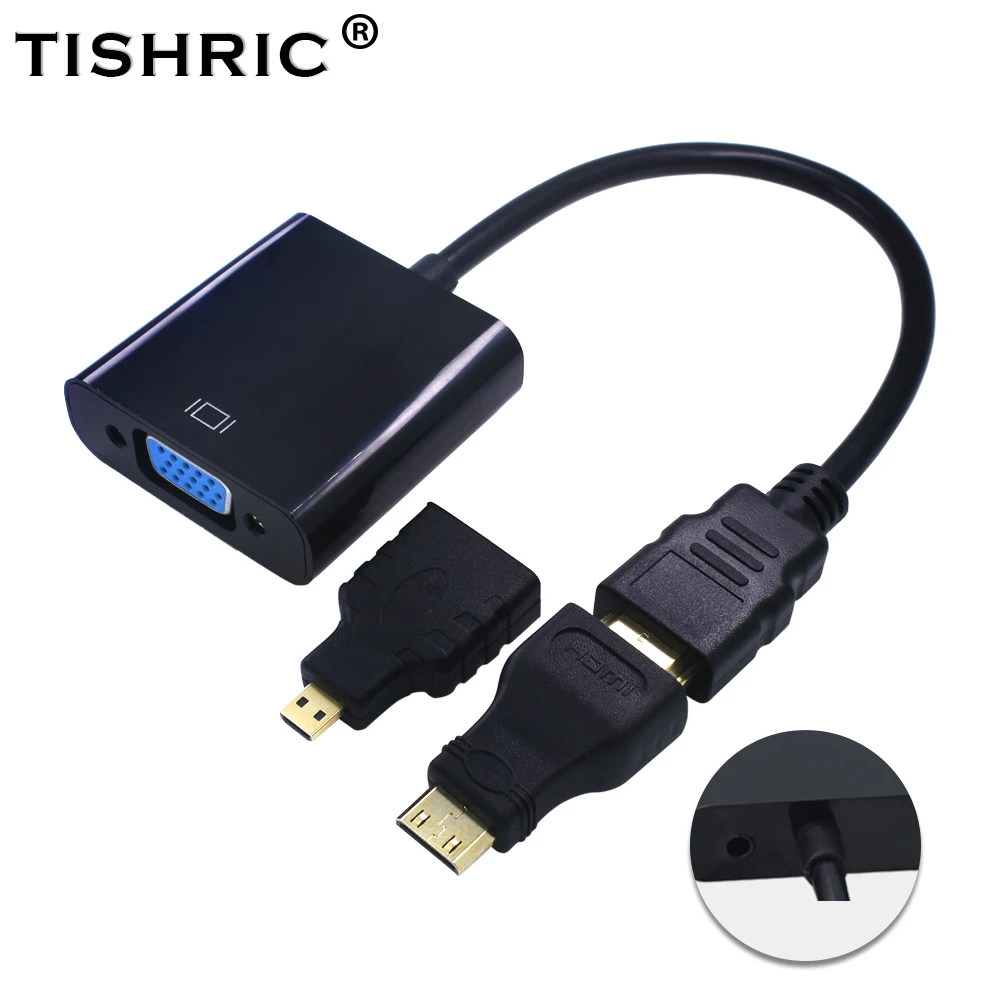 TISHRIC Mini + Micro разъем для HDMI в VGA с аудиоадаптером конвертер папа мама 1080P HDMI2VGA