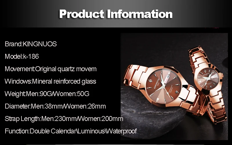 Couple Watches for Lovers Kingnuos Brand Quality Quartz Wrist Watch Men and Women Watches Date Week Luminous Display Pair Hours