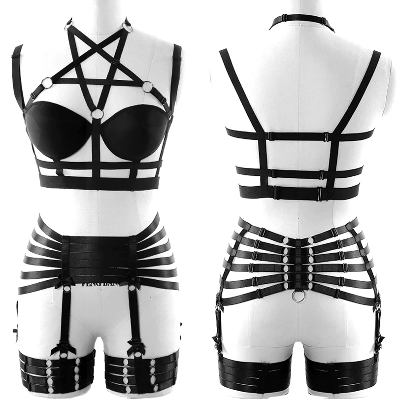 Black O0208 P0126 Женское нижнее белье готические ремни на плечо пикантная бахрома подвязка в виде портупеи кожаный ремень - Цвет: Black O0208 P0126