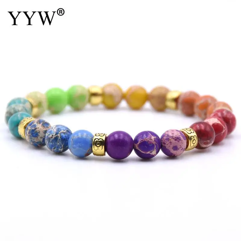 

8mm Round Impression Jaspers Stone Bracelet Unisex Approx 7.5 Inch Strand Vintage Gold Color Elastic Thread Wristband Bracelet