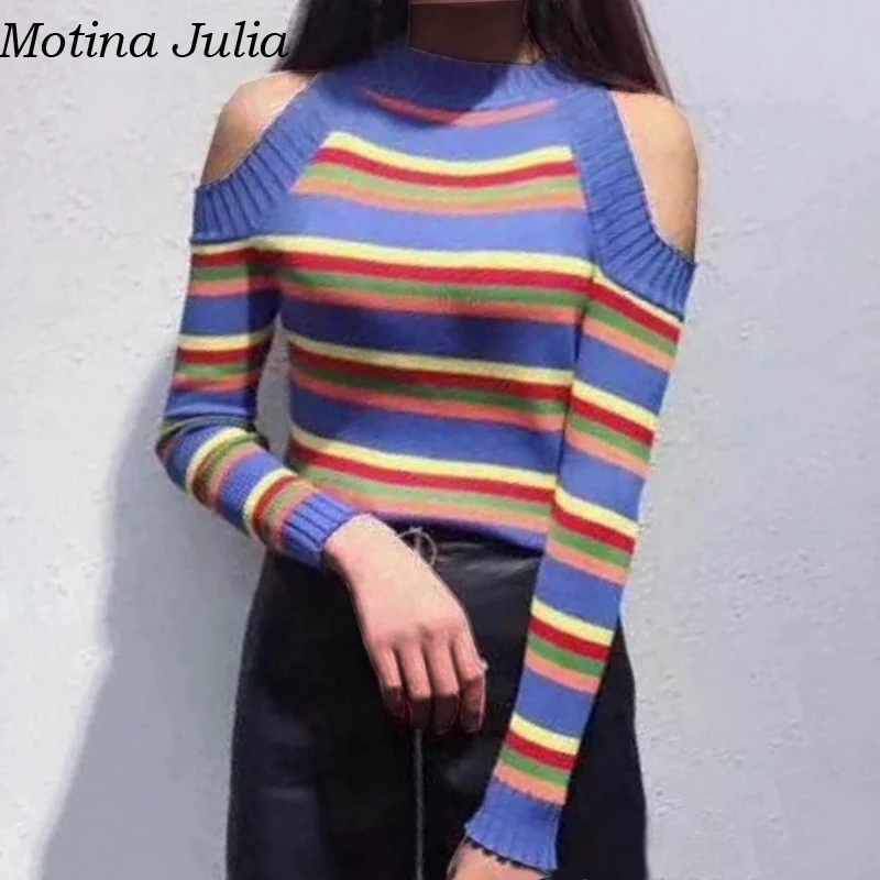 Motina Julia сексуальное платье в полоску с открытыми плечами вязаный свитер женский