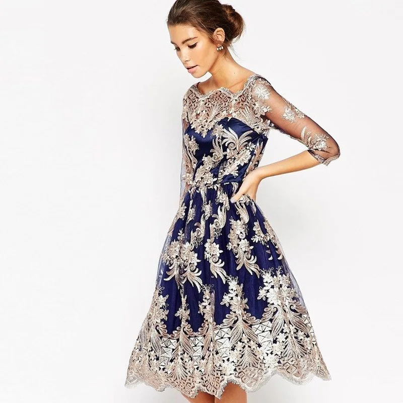 Платье женское кружевное с вышивкой цветочным принтом и вырезом лодочкой|dress
