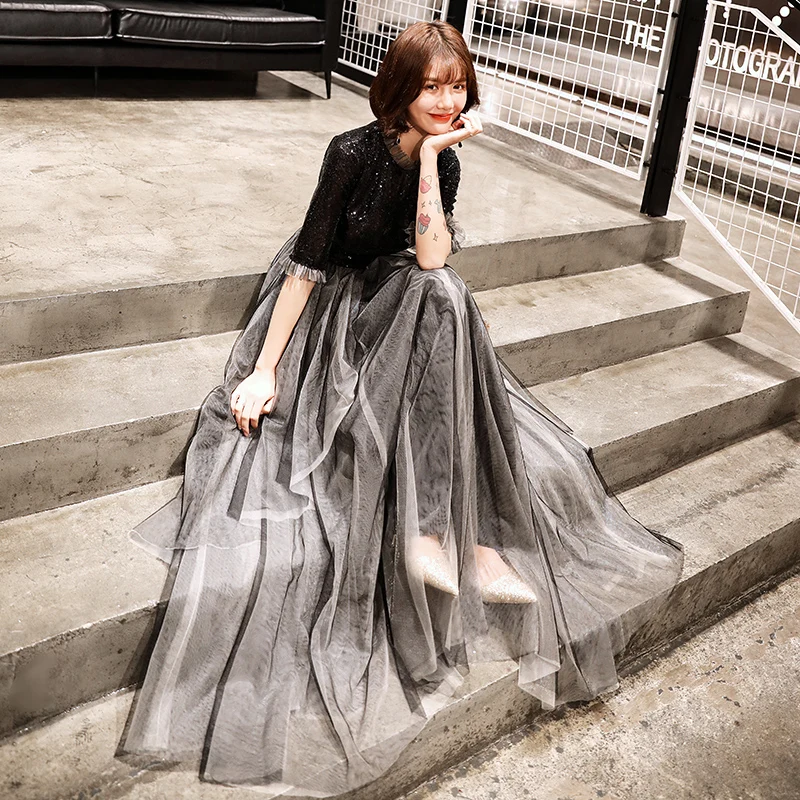 Robe de soiree Черное длинное платье с круглым вырезом кружевной отделкой бисером