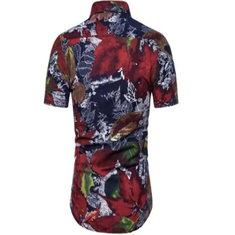 

Summer men's leaf print thin beach shirt with short sleeves and large size