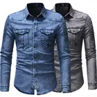 Рубашка мужская джинсовая с длинным рукавом, брендовая повседневная, однотонная, плиссированная, в стиле пэчворк, приталенная, байкерская, синяя, серая, 3XL