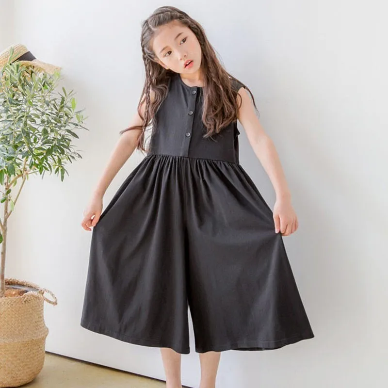 Black Cotton Sleeveless Dresses Loose Pants For Baby Big Girls Summer 2019 High Waist Wide Leg Trousers Dress Children Clothing | Детская