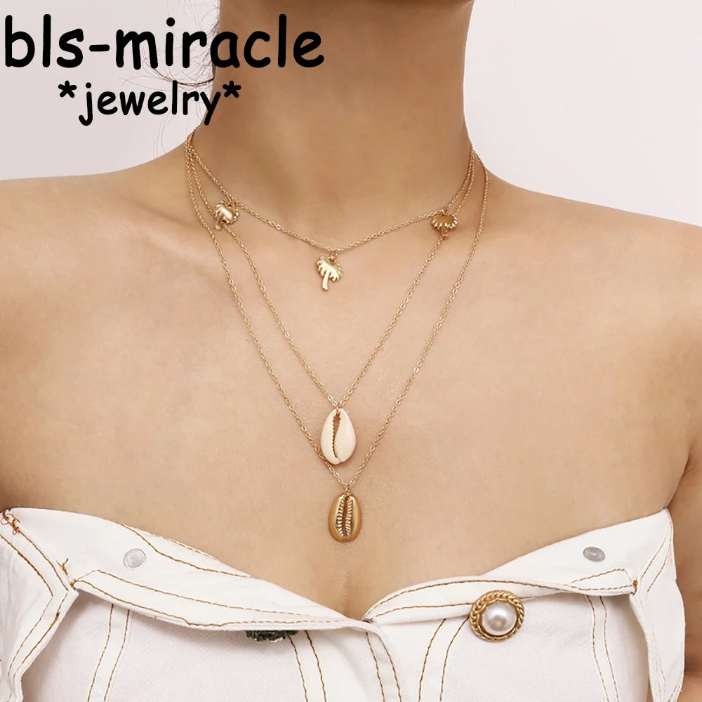 Bls-miracle 2018 New Boho Multi-layer Necklace For Woman Coconut Tree Pendant Alloy Shell Choker Jewelry Drop shipping | Украшения и