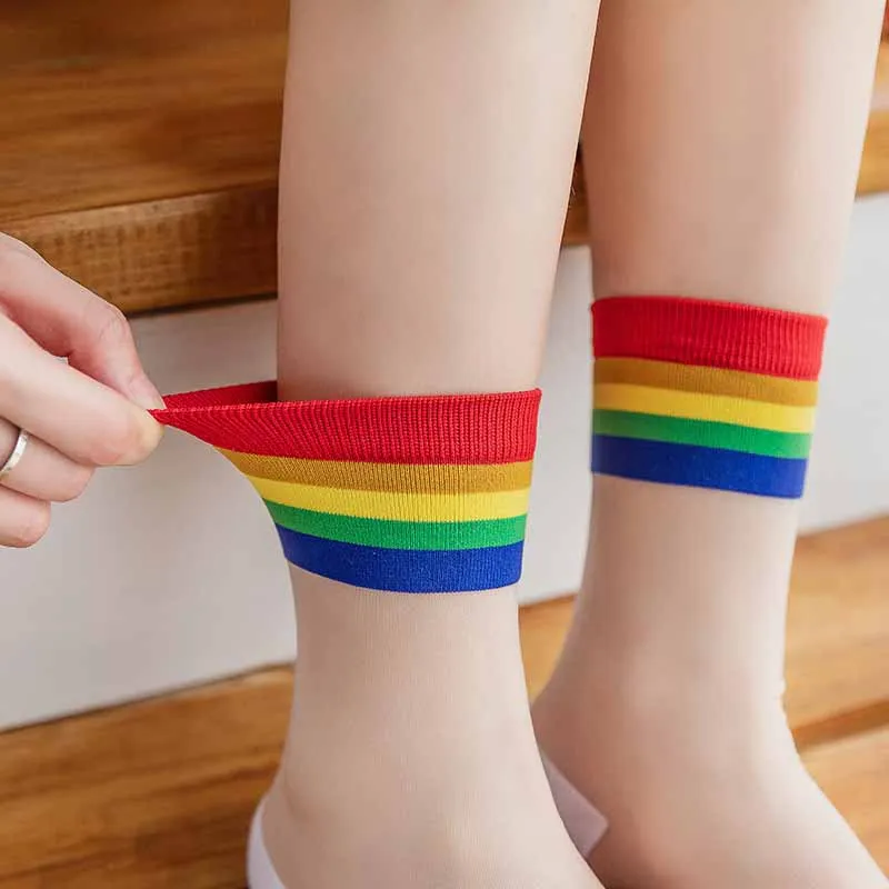 Модные прозрачные радужные короткие носки женские летние тонкие Харадзюку по