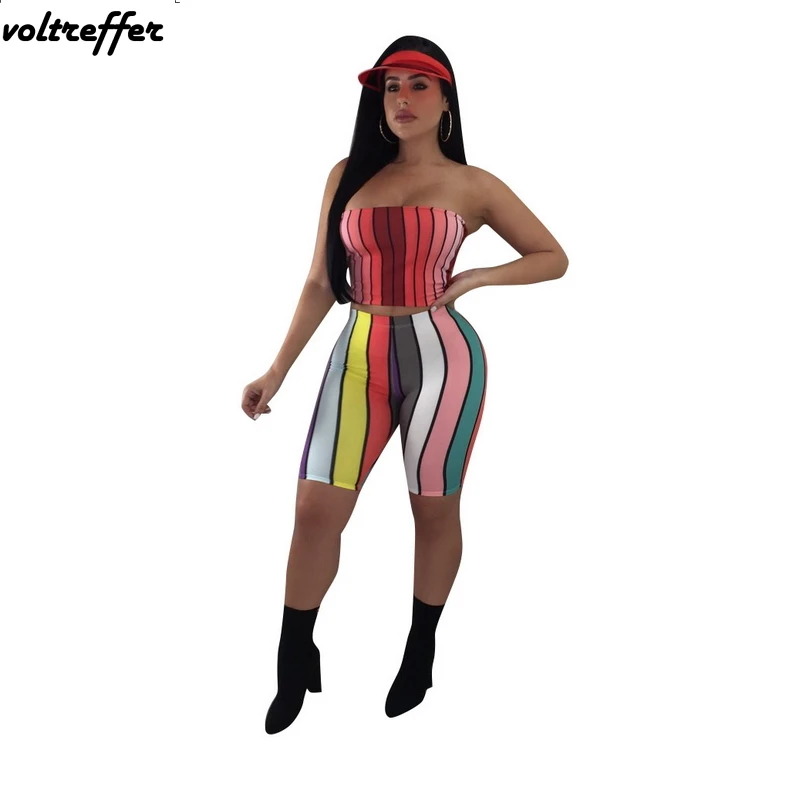 Радужный Многоцветный Полосатый Принт без бретелек Комбинезоны для женщин с