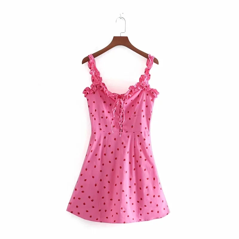 Женское мини платье с клубничным принтом летнее 2019 Милое сексуальное пляжное на