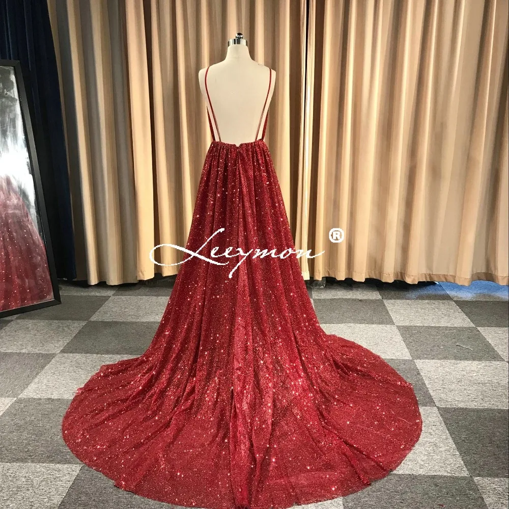 Leeymon на заказ Sexyb Блеск спагетти ремни спинки A-Line платье выпускного вечера Длина пола темно-красные платья