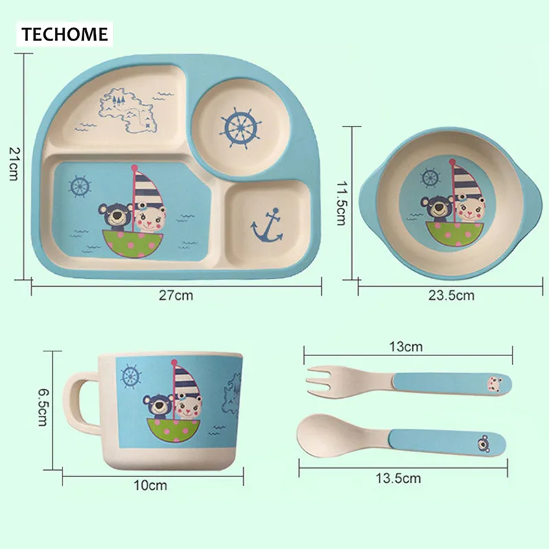 Детская посуда 5 шт./компл. тарелка из бамбукового волокна чашка ложка вилка набор