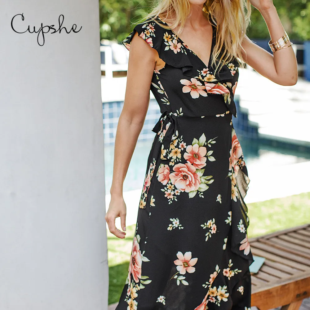 Женское винтажное платье CUPSHE длинное макси с цветочным принтом и треугольным