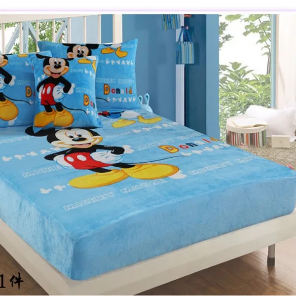 blue mickey Супер мягкий фланелевый коричневый Микки Холодное сердце Эльза и Анна простыня с резиновым наматрасником и наволочки 1.2m.1.5m.1.8m кровать - Цвет: blue mickey