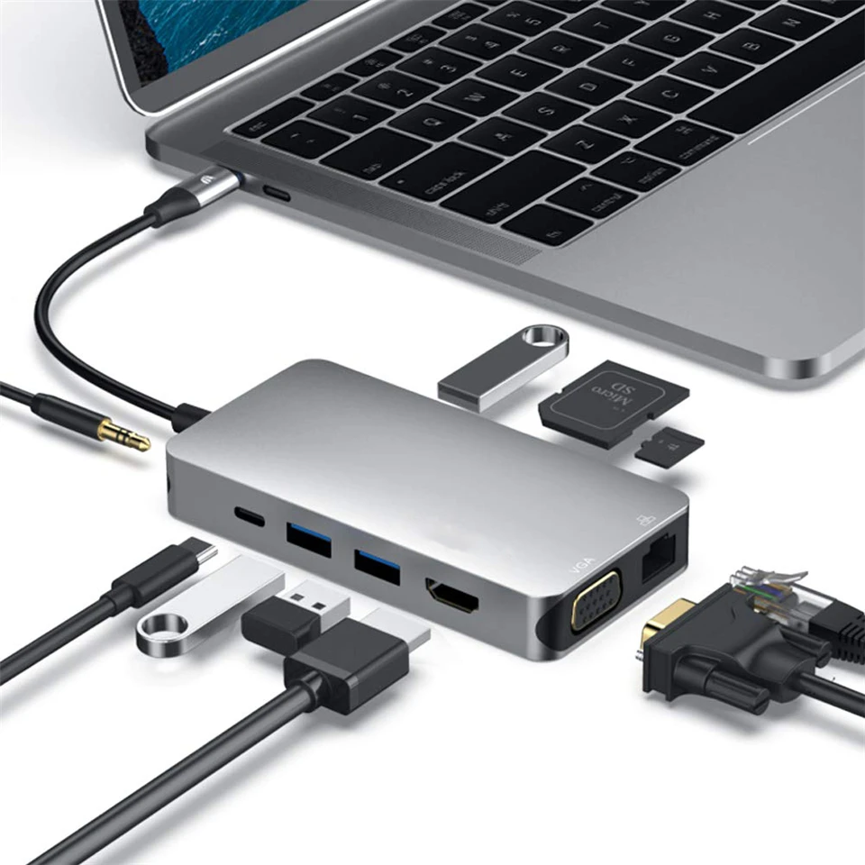 Usb хаб 10 в 1 адаптер Thunderbolt 3 Type C док станция порта USB 0 4K HDMI 1080P VGA RJ45 Gigabit Ethernet для Macbook