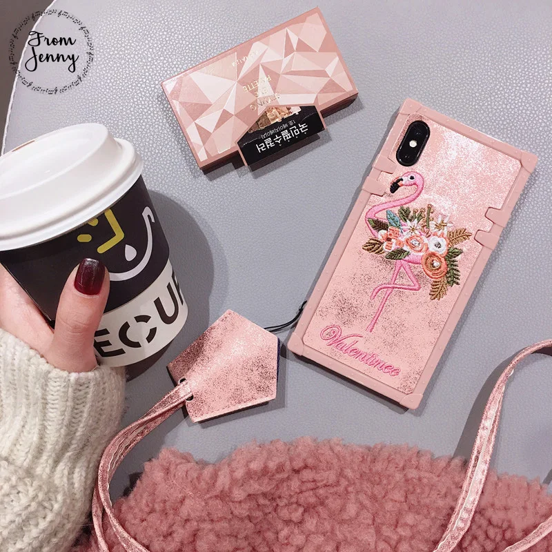 From Jenny Fabric Embroidery Flamingo Phone Case for iphone 8 8plus 7 7plus 6/6S Plus X Pink Soft Back Cover |