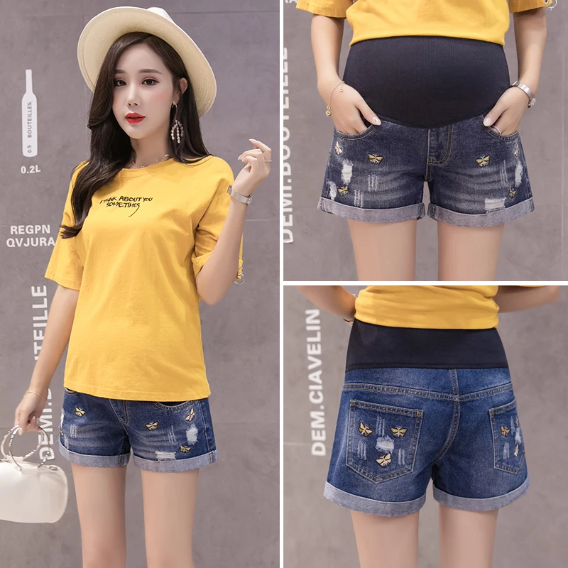 Goaryunve 2019 Maternity Summer Wear Fashion Pregnant Women Embroidered Shorts Abdominal Belly Pants Pregnancy Short Jeans M-3XL | Мать и
