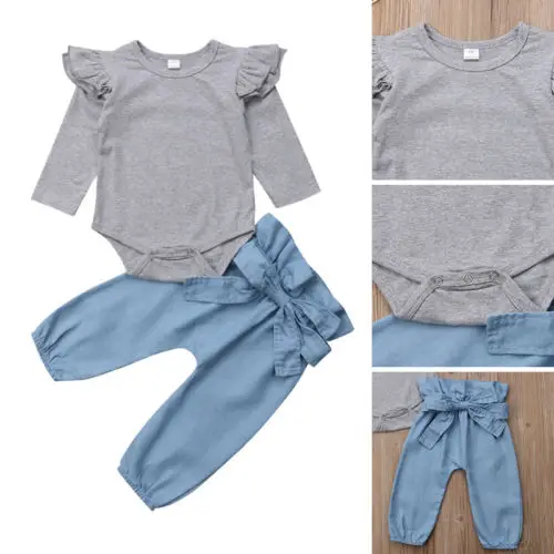 

Newborn Baby Girls Spring Autumn Long Sleeve Cotton Clothes Sets Gray Tops Romper Bowknot Denim Pants 2pcs Outfits