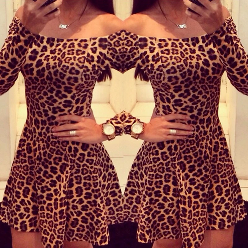 2017 Spring Dress Мода Leopard Slash С Длинным Рукавом Одежда Женщины Slim Mini Vestidos Новый A-Line Sexy