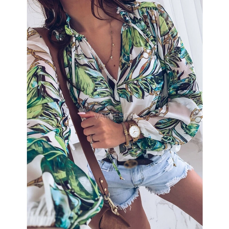 2019 Летняя женская шифоновая блуза с v-образным вырезом длинным рукавом принтом