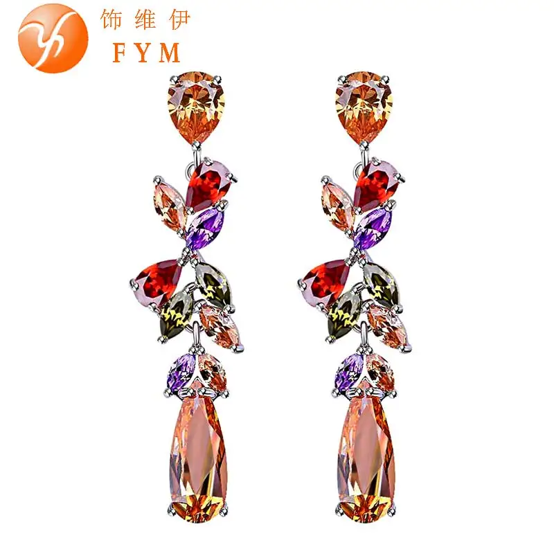

FYM Luxury Colorful Crystal Long Drop Earrings Multicolor Leaves Plant AAA CZ Cubic Zircon Jewelry Earring for Women Wedding