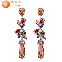 fym luxury colorful crystal long drop earrings multicolor leaves plant aaa cz cubic zircon jewelry earring for women wedding