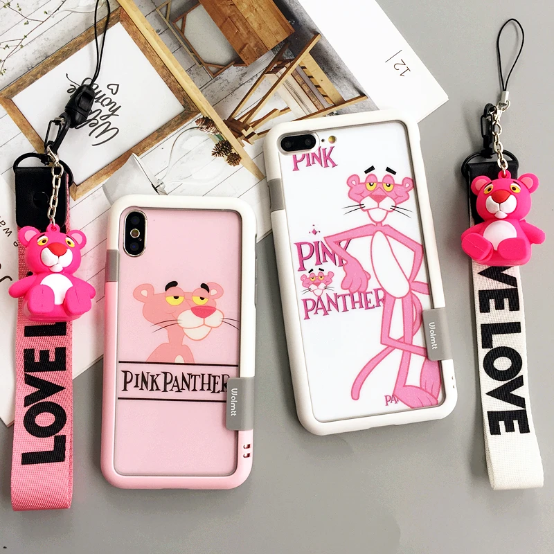 For iphone 8plus Pink Panther F &amp B Tempered Glass screen protector + soft bumper for iPhone X 8 7 7plus 6 6S 6sP toy +straps |