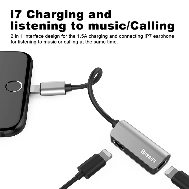 BASEUS AUX аудио адаптер для iPhone 7 8 Plus x 2 в 1 кабель-адаптер наушников Lightning двойной