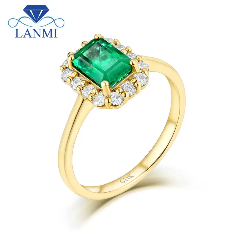 

LANMI Solid 14K Yellow Gold Real Diamond 100% Natural Emerald Stone Promised Wedding Rings for Women Genuine Gemstone Jewelry