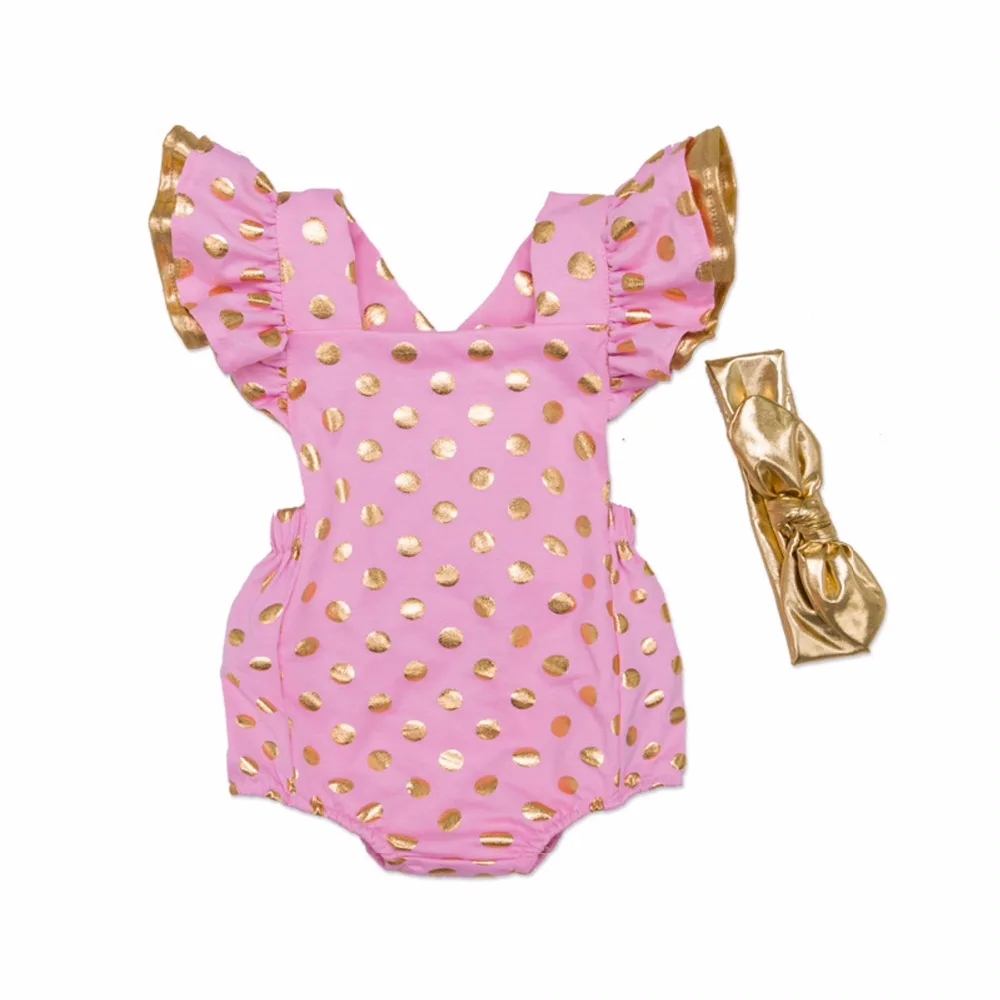

Puseky Baby Girls Gold Dot Bodysuit Girl Summer Ruffle Sleeve Bodysuit Toddler Fashion Jumpsuit Newborn Girls Headbands Outfits
