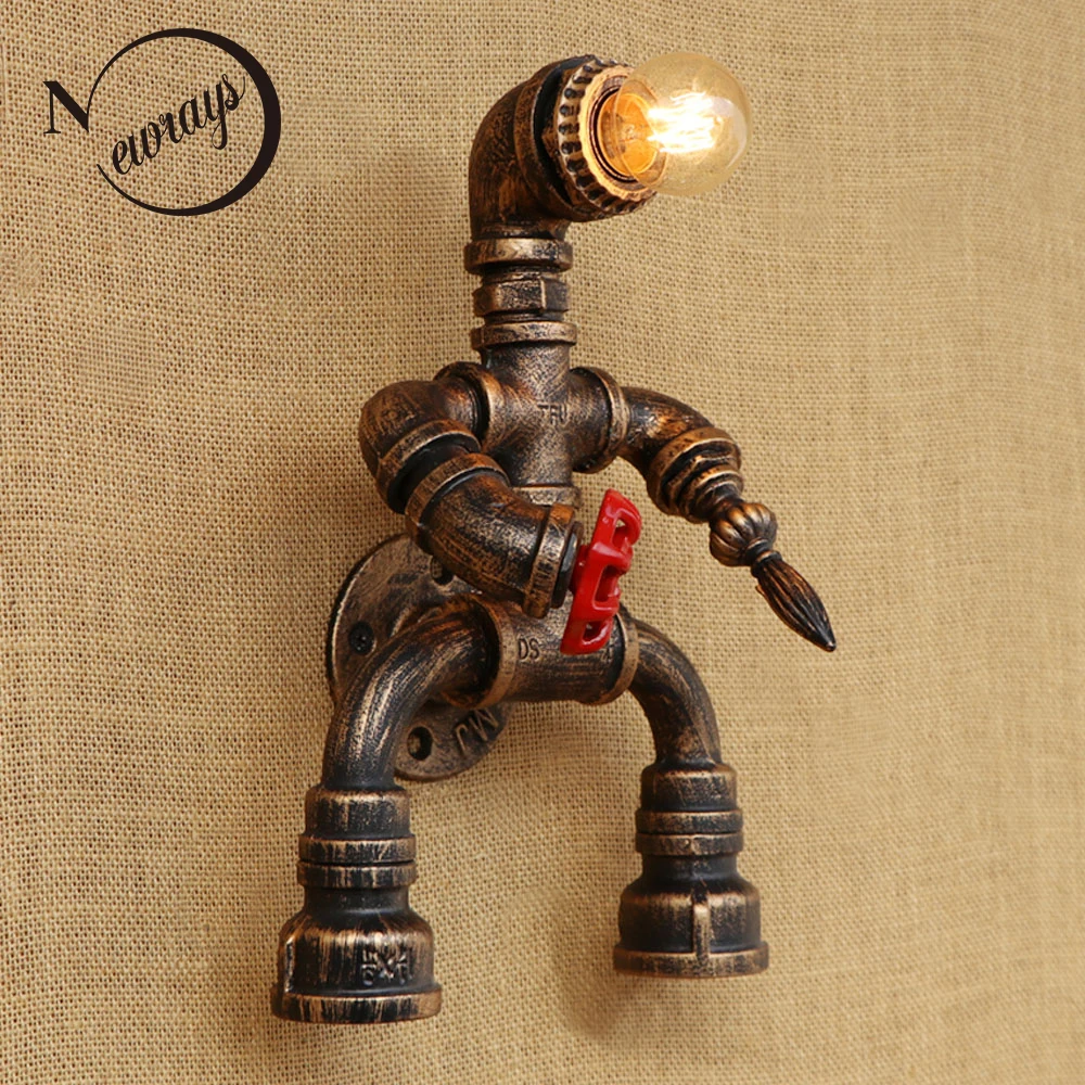 

Robot style Loft Industrial iron Water pipe retro wall lamp Vintage E27 LED sconce wall lights for living room bedroom bathroom