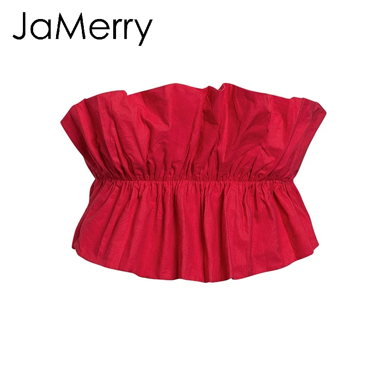 JaMerry, Сексуальный Топ без бретелек с рюшами, летние пляжные топы на шнуровке, однотонные женские короткие майки, модные вечерние топы
